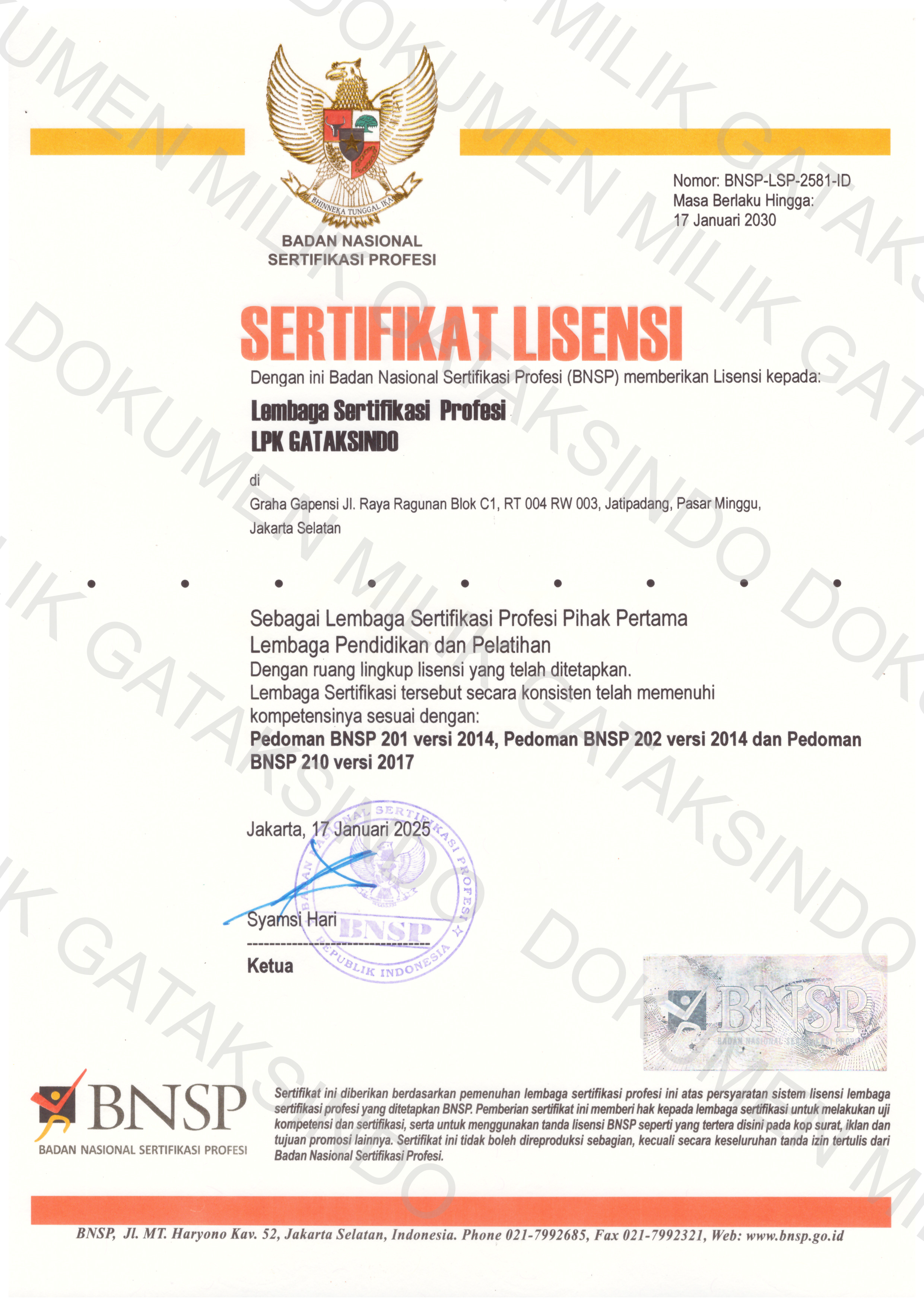 Sertifikat Lisensi BNSP
